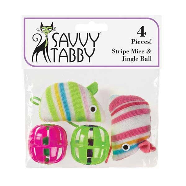 Savvy Tabby Stripe Mice & Jingle Ball 4 Pk SA391965